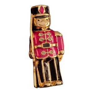 Vintage Enameled Goldtone Soldier Boy w/ Rhinestone Brooch Pin